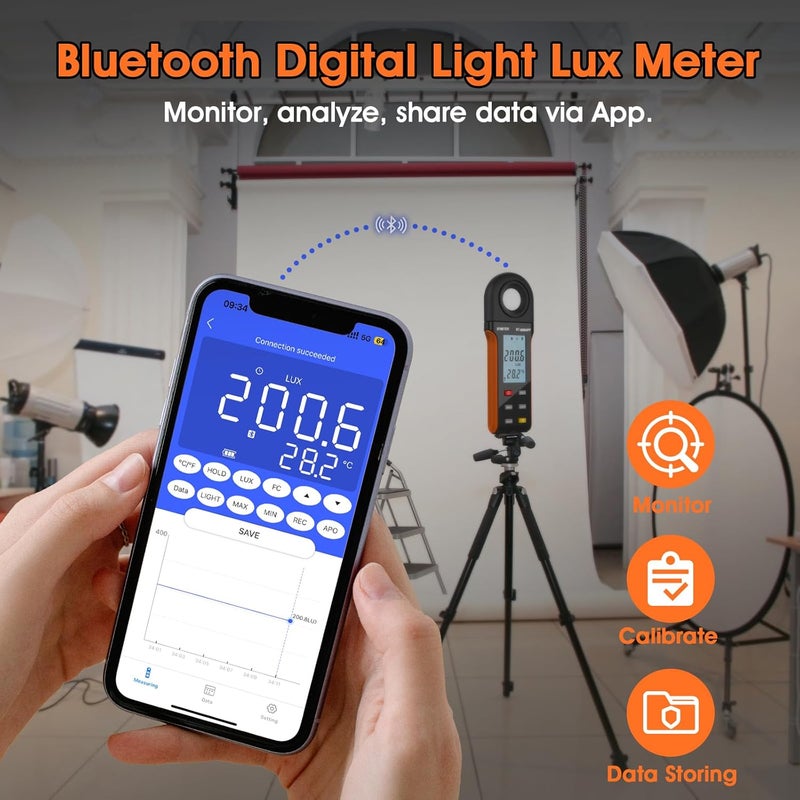 BTMETER Illuminance Light Meter w/Bluetooth - Digital Lumen Tester Measure Lighting Level Intensity 1~400,000 Lux(Foot Candle 1~37,160) Luxometer with 270º Rotated Sensor Data Logging for Plants Grow - Image 3
